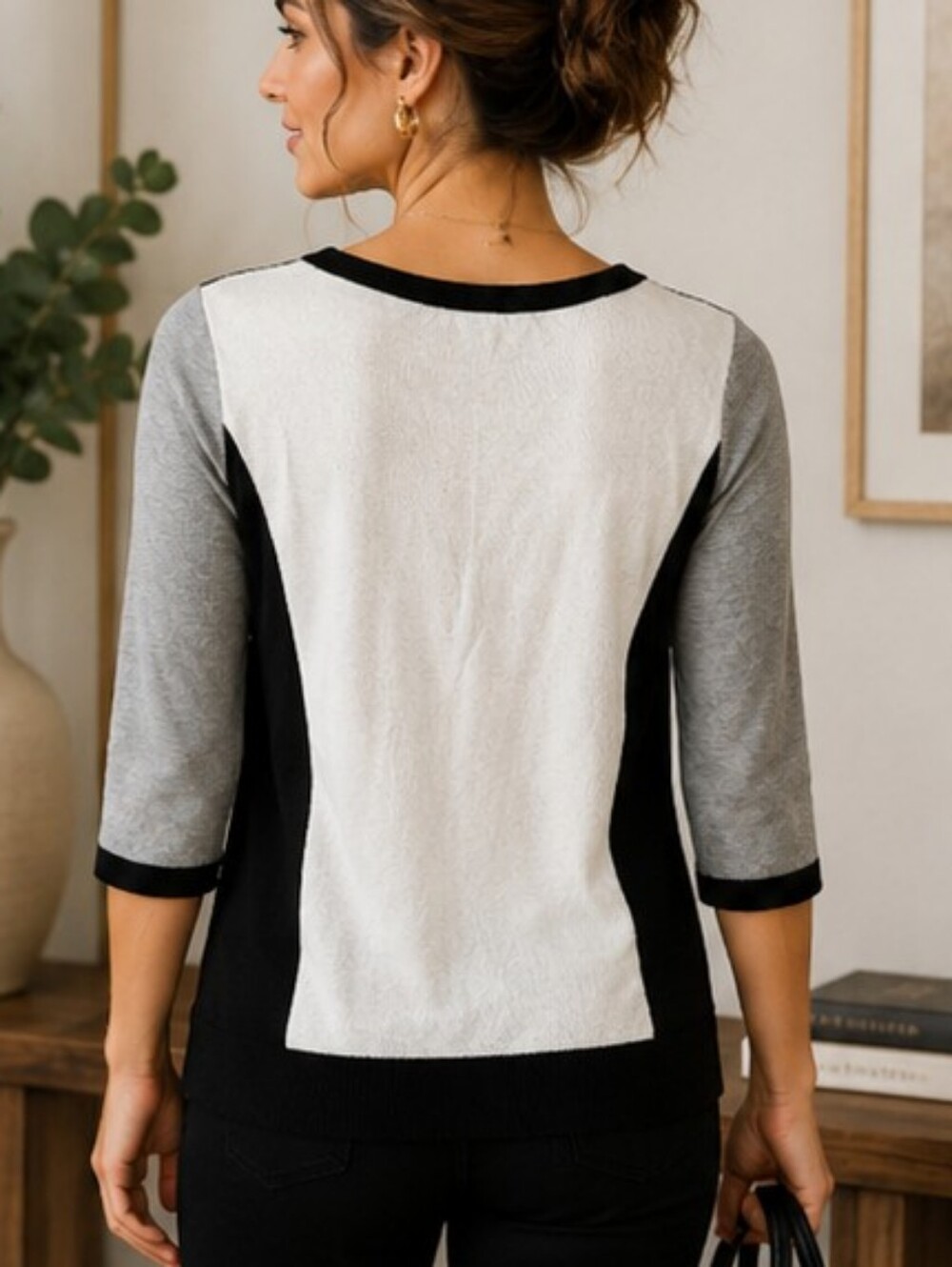 Hannah Fine Knit Color Block Lace Yoke Sweater Size Small - Picture 2 of 4